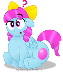 Size: 1024x1188 | Tagged: safe, artist:aleximusprime, imported from derpibooru, oc, oc only, oc:bubble bounce, pegasus, pony, confused, fat, question mark, sitting, solo