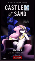 Size: 3500x6000 | Tagged: safe, artist:gasmaskfox, imported from derpibooru, princess celestia, princess luna, alicorn, pony, bipedal, crown, female, house of cards, jewelry, looking at you, mare, parody, pink-mane celestia, regalia, royal sisters, sisters, sitting, smiling