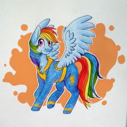 Size: 1008x1006 | Tagged: safe, artist:rdstartie, imported from derpibooru, rainbow dash, pegasus, pony, clothes, female, multicolored hair, traditional art, uniform, wonderbolts, wonderbolts uniform