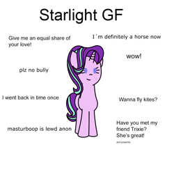 Size: 776x776 | Tagged: artist needed, safe, artist:anonymous, imported from derpibooru, starlight glimmer, pony, unicorn, cute, female, glimmerbetes, ideal gf, implied anon, implied trixie, mare, meme, simple background, smiling, solo, text, that pony sure does love kites, white background, wow! glimmer