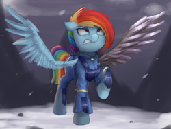 Size: 1400x1050 | Tagged: safe, artist:vanillaghosties, imported from derpibooru, rainbow dash, pegasus, pony, the cutie re-mark, alternate timeline, amputee, apocalypse dash, atg 2017, augmented, crystal war timeline, female, mare, newbie artist training grounds, prosthetic limb, prosthetic wing, prosthetics, raised hoof, serious, serious face, solo, spread wings, wings