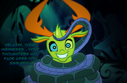 Size: 1150x760 | Tagged: safe, artist:snakeythingy, edit, imported from derpibooru, thorax, changedling, changeling, snake, triple threat, coils, dialogue, forest, kaa, kaa eyes, king thorax, looking at you, manip, mind control, peril, smiling, swirly eyes