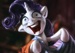 Size: 1200x850 | Tagged: safe, artist:assasinmonkey, imported from derpibooru, rarity, pony, unicorn, fame and misfortune, crazy face, crying, derp, digital painting, fabric, faic, female, insanity, makeup, mare, nightmare fuel, open mouth, rarisnap, running makeup, scene interpretation, smiling, solo, uncanny valley, why i'm creating a gown darling