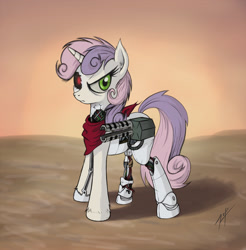 Size: 2000x2033 | Tagged: safe, artist:zetamad, imported from derpibooru, sweetie belle, cyborg, pony, robot, robot pony, unicorn, clothes, damaged, female, filly, foal, hooves, horn, scarf, solo, sweetie bot, weapon