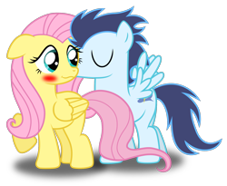 Size: 1862x1525 | Tagged: safe, artist:meandmyideas, imported from derpibooru, fluttershy, soarin', pegasus, pony, blushing, cheek kiss, crack shipping, eyes closed, female, kiss on the cheek, kissing, male, shipping, simple background, smooch, soarinshy, straight, transparent background, vector