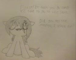 Size: 1607x1266 | Tagged: artist needed, safe, imported from derpibooru, oc, oc only, oc:floor bored, earth pony, pony, /mlp/, 4chan, dialogue, female, mare, monochrome, sitting, solo, traditional art