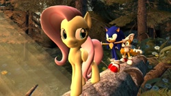 Size: 1366x768 | Tagged: safe, artist:migueruchan, imported from derpibooru, fluttershy, pony, 3d, crossover, miles "tails" prower, sonic the hedgehog, sonic the hedgehog (series)