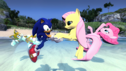 Size: 1366x768 | Tagged: safe, artist:migueruchan, imported from derpibooru, fluttershy, pinkie pie, pony, 3d, crossover, miles "tails" prower, sonic the hedgehog, sonic the hedgehog (series)