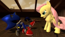 Size: 1366x768 | Tagged: safe, artist:migueruchan, imported from derpibooru, fluttershy, pony, 3d, crossover, metal sonic, sonic the hedgehog, sonic the hedgehog (series)