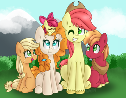 Size: 1024x799 | Tagged: safe, artist:huskywo1f, imported from derpibooru, apple bloom, applejack, big macintosh, bright mac, pear butter, pony, the perfect pear, apple family, brightbutter, cute, daaaaaaaaaaaw, family, female, male, one eye closed, shipping, sitting, straight, wink, younger