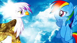 Size: 1920x1080 | Tagged: safe, artist:anxet, artist:penguinsn1fan, artist:php11, artist:zutheskunk edits, imported from derpibooru, gilda, rainbow dash, griffon, pony, cloud, lens flare