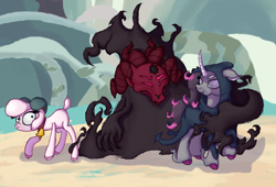 Size: 1400x950 | Tagged: safe, artist:swasfews, imported from derpibooru, fhtng th§ ¿nsp§kbl, oleander, pom lamb, classical unicorn, demon, lamb, sheep, unicorn, them's fightin' herds, animal ears, bell, bell collar, cloak, clothes, cloven hooves, collar, community related, digital art, dog collar, dog ears, female, hood, hug, leonine tail, oleander (tfh), pom (tfh), spiked collar, unshorn fetlocks