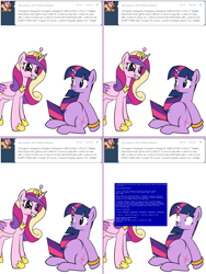 Size: 1204x1604 | Tagged: safe, artist:dekomaru, imported from derpibooru, princess cadance, twilight sparkle, pony, tumblr:ask twixie, ask, belly button, blue screen of death, blue screen of death by overexcitement, cadance.exe has stopped working, pregnant, sisters-in-law, smiling, tumblr, wide eyes