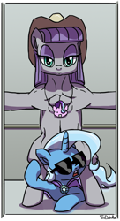 Size: 500x921 | Tagged: safe, artist:foudubulbe, imported from derpibooru, maud pie, starlight glimmer, trixie, earth pony, pony, unicorn, comic:damp rocks, bipedal, duo, female, gangnam style, hat, implied starmaud, lesbian, mare, mauxie, medallion, muscles, muscular female, open mouth, shipping, sunglasses, wat