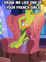 Size: 502x667 | Tagged: safe, edit, edited screencap, imported from derpibooru, screencap, thorax, changedling, changeling, triple threat, caption, chair, dialogue, draw me like one of your french girls, eyes closed, image macro, king thorax, king thorax the fabulous, meme, sitting, twilight's castle