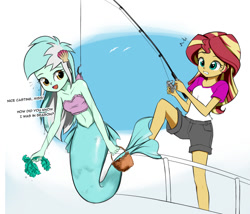 Size: 970x830 | Tagged: safe, artist:twilite-sparkleplz, imported from derpibooru, part of a set, lyra heartstrings, sunset shimmer, mermaid, sunset's fantastic fishing, equestria girls, legend of everfree, bandeau, belly button, boat, clothes, cute, dialogue, duo, female, fishing, lyrabetes, mermaid lyra, mermaidized, midriff, part of a series, race swap, seaweed, shimmerbetes, species swap