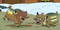 Size: 1006x501 | Tagged: safe, imported from derpibooru, screencap, pony, yak, not asking for trouble, background yak, bucking, calf, cloven hooves, discovery family logo, duo, female, hair over eyes, horn ring, male, snow, stomping, unnamed character, unnamed yak, yak calf, yakyakistan, yona's brother