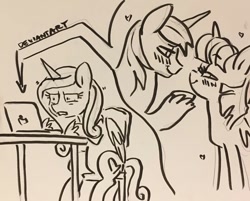 Size: 784x631 | Tagged: safe, artist:dawnfire, edit, imported from derpibooru, princess cadance, shining armor, twilight sparkle, alicorn, pony, unicorn, blushing, computer, disgusted, female, heart, incest, infidelity, laptop computer, looking at each other, male, meta, shiningsparkle, shipping, sitting, smiling, straight, traditional art, twicest, twilight sparkle (alicorn), wat