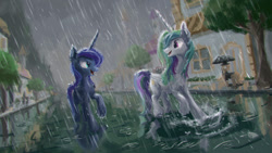 Size: 1280x720 | Tagged: safe, artist:plainoasis, imported from derpibooru, princess celestia, princess luna, alicorn, pony, background pony, canterlot, clothes, duo focus, folded wings, looking at each other, missing accessory, rain, road, royal sisters, scenery, street, suit, town, umbrella, walking, water, wet mane