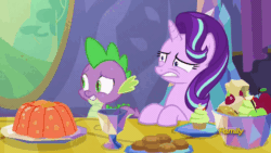 Size: 806x454 | Tagged: safe, imported from derpibooru, screencap, spike, starlight glimmer, dragon, triple threat, animated, cringing, gif