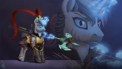 Size: 3840x2160 | Tagged: safe, artist:1jaz, imported from derpibooru, oc, oc only, hybrid, pony, unicorn, zebra, zebracorn, armor, axe, dynasty warriors, glowing horn, heterochromia, levitation, lu bu, magic, male, romance of the three kingdoms, stallion, telekinesis, weapon, zoom layer