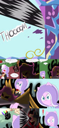 Size: 2400x5200 | Tagged: safe, artist:jake heritagu, imported from derpibooru, diamond tiara, scootaloo, oc, oc:hades, oc:lightning blitz, pegasus, pony, comic:ask motherly scootaloo, aura, baby, baby pony, clothes, colt, comic, dialogue, dress, energy blast, holding a pony, male, motherly scootaloo, offspring, older, older scootaloo, parent:rain catcher, parent:scootaloo, parents:catcherloo, red eyes, speech bubble, tuxedo, twilight's castle