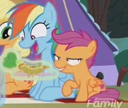 Size: 559x471 | Tagged: safe, imported from derpibooru, screencap, applejack, rainbow dash, scootaloo, earth pony, pegasus, pony, campfire tales, :d, carrot, carrot dog, female, filly, food, levitation, magic, mare, sitting, telekinesis