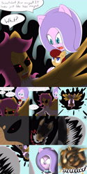 Size: 2400x4800 | Tagged: safe, artist:jake heritagu, imported from derpibooru, diamond tiara, scootaloo, oc, oc:hades, pony, comic:ask motherly scootaloo, aura, clothes, comic, dress, energy blast, explosion, motherly scootaloo, red eyes