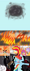 Size: 2400x5600 | Tagged: safe, artist:jake heritagu, imported from derpibooru, diamond tiara, rainbow dash, scootaloo, sunset shimmer, oc, oc:hades, oc:lightning blitz, pegasus, phoenix, pony, comic:ask motherly scootaloo, baby, baby pony, clothes, colt, comic, dialogue, dress, explosion, fiery shimmer, fire, hairpin, holding a pony, kicking, male, motherly scootaloo, offspring, older, older scootaloo, parent:rain catcher, parent:scootaloo, parents:catcherloo, ponies riding ponies, rainbow power, riding, speech bubble, tuxedo