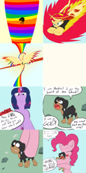 Size: 1600x3200 | Tagged: safe, artist:jake heritagu, imported from derpibooru, pinkie pie, sunset shimmer, twilight sparkle, twilight sparkle (alicorn), oc, oc:hades, alicorn, phoenix, pony, comic:ask motherly scootaloo, clothes, comic, fiery shimmer, fire, hug, rainbow power