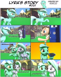 Size: 3928x4932 | Tagged: safe, artist:goatcanon, imported from derpibooru, berry punch, doctor whooves, flitter, lyra heartstrings, pinkie pie, rainbow dash, time turner, pony, comic:lyra's story, 3d, comic, crossover, doctor who, gameboy advance, source filmmaker, tardis