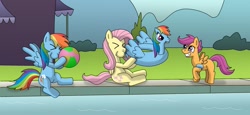 Size: 1317x606 | Tagged: safe, artist:gameboysage, imported from derpibooru, fluttershy, rainbow dash, scootaloo, inflatable pony, pegasus, pony, ><, artifact, beach ball, blowershy, blowing, blowing up beach ball, commission, commissioner:crimsonvalentazure, cute, cutealoo, eyes closed, female, filly, floaty, foal, implied flutterdash, implied lesbian, implied shipping, inflatable, inflating, inner tube, loonerdash, loonershy, mare, missing cutie mark, pool toy, puffy cheeks, rainblow dash, scootalove, shyabetes, sitting, summer, swimming lessons, swimming pool, trio, trio female, water wings