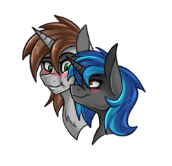 Size: 352x340 | Tagged: safe, artist:derpsonhooves, imported from derpibooru, oc, oc only, oc:homage, oc:littlepip, pony, unicorn, fallout equestria, blushing, bust, fanfic, fanfic art, female, fluffy, horn, lesbian, mare, oc x oc, pipmage, portrait, shipping, simple background, transparent background