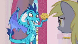 Size: 640x360 | Tagged: safe, edit, editor:squeaky-belle, imported from derpibooru, screencap, derpy hooves, princess ember, dragon, epic rage time, triple threat, angry, animated, derpy hooves is not amused, discovery family logo, everything is ruined, eye twitch, female, food, gif, muffin, muffins fuel, now you fucked up, pure unfiltered evil, there will be blood, this will end in death, this will end in pain, this will end in pain and/or death, this will not end well, unamused, you dun goofed, you monster