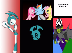 Size: 2587x1927 | Tagged: safe, artist:keytee-chan, imported from derpibooru, fluttershy, pinkamena diane pie, pinkie pie, rainbow dash, pony, fanfic:cupcakes, buzzsaw, chainsaw, circular saw, crossover, female, fluttershed, jenny wakeman, logo, mojo jojo, my life as a teenage robot, older, sonic & knuckles, sonic the hedgehog (series), style emulation, the powerpuff girls