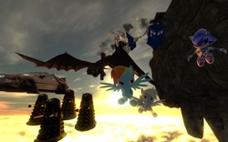 Size: 1280x800 | Tagged: safe, artist:fezwearingdoctor, imported from derpibooru, derpy hooves, rainbow dash, dragon, night fury, pegasus, pony, reshiram, 3d, arwing, back to the future, crossover, dalek, delorean, doctor who, female, flying, how to train your dragon, mare, mega crossover, metal sonic, pokémon, sonic the hedgehog (series), spread wings, star fox, tardis, toothless the dragon, wings