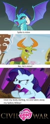 Size: 389x960 | Tagged: safe, imported from derpibooru, princess ember, rarity, thorax, changedling, changeling, dragon, triple threat, civil war, implied bisexual, implied emberspike, implied shipping, implied sparity, implied thoraxspike, king thorax