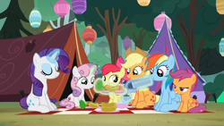 Size: 1920x1080 | Tagged: safe, imported from derpibooru, screencap, apple bloom, applejack, rainbow dash, rarity, scootaloo, sweetie belle, pony, campfire tales, carrot, carrot dog, cutie mark crusaders, food, levitation, magic, telekinesis, tent, thermos