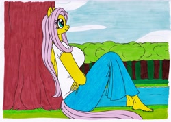 Size: 3492x2480 | Tagged: safe, artist:killerteddybear94, imported from derpibooru, fluttershy, anthro, plantigrade anthro, barefoot, big breasts, breasts, busty fluttershy, clothes, feet, female, grass, huge breasts, lake, long skirt, shirt, skirt, solo, t-shirt, traditional art, tree