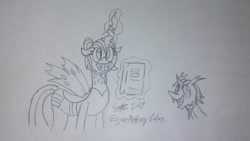 Size: 1280x720 | Tagged: safe, artist:derpanater, imported from derpibooru, queen chrysalis, changeling, 30 minute art challenge, book, clothes, equal cutie mark, equalized, magic, necktie, smiling, traditional art