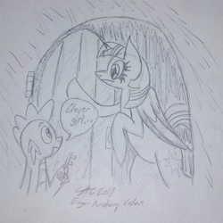 Size: 1440x1440 | Tagged: safe, artist:derpanater, imported from derpibooru, spike, twilight sparkle, alicorn, dragon, pony, 30 minute art challenge, clever girl, door, female, jurassic park, key, male, mare, movie reference, silly, speech bubble, traditional art