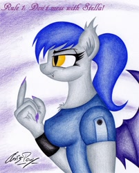 Size: 1743x2168 | Tagged: safe, artist:thechrispony, imported from derpibooru, oc, oc only, oc:stella sabre, anthro, bat pony, chest fluff, clothes, ear fluff, fangs, female, mare, middle finger, ponytail, solo, traditional art, vulgar