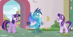 Size: 1758x894 | Tagged: safe, edit, edited screencap, imported from derpibooru, screencap, princess ember, starlight glimmer, twilight sparkle, alicorn, dragon, pony, unicorn, triple threat, animated, confused, discovery family logo, female, food, gif, mare, mistaken identity, muffin, starlight glimmer is not amused, starlight is not amused, twilight is not amused, twilight sparkle (alicorn), twilight sparkle is not amused, unamused