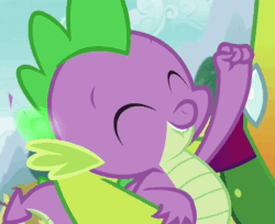 Size: 490x400 | Tagged: safe, imported from derpibooru, screencap, spike, thorax, changedling, changeling, dragon, triple threat, animated, fist pump, gif, glowing frill, king thorax