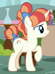 Size: 588x796 | Tagged: safe, imported from derpibooru, screencap, rainbow stars, pony, unicorn, triple threat, background pony, bow, concerned, female, mare, raised hoof, tail bow