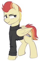 Size: 1396x2155 | Tagged: safe, artist:shinodage, imported from derpibooru, oc, oc only, oc:jet stream, pegasus, pony, clothes, freckles, male, simple background, solo, updated, white background, younger