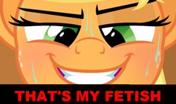 Size: 768x453 | Tagged: safe, artist:php11, artist:zutheskunk edits, edit, imported from derpibooru, applejack, earth pony, pony, bedroom eyes, blushing, explicit source, female, image macro, mare, meme, smiling, smirk, sweat, teeth, that is my fetish