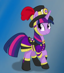 Size: 1092x1230 | Tagged: source needed, safe, artist:yukkuripalehorse, imported from derpibooru, twilight sparkle, twilight sparkle (alicorn), alicorn, pony, boots, clothes, crossed legs, cute, dress, female, gradient background, hat, lifted leg, looking at you, mare, raised hoof, saddle, shoes, smiling, solo, tack, twiabetes, uniform