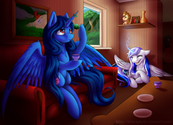 Size: 5100x3700 | Tagged: safe, artist:klarapl, imported from derpibooru, oc, oc only, alicorn, pony, absurd resolution, alicornified, commission, couch, cup, eyes closed, open mouth, plate, race swap, sitting, tea party, teacup, underhoof