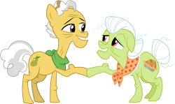 Size: 5019x3001 | Tagged: safe, artist:cloudy glow, artist:cloudyglow, imported from derpibooru, grand pear, granny smith, earth pony, pony, the perfect pear, duo, female, looking at each other, male, mare, simple background, smiling, stallion, transparent background, vector